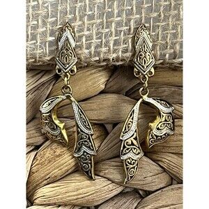 Damascene Asymmetrical Made in Spain 2" Dangle Black Silver Gold Victorian Goth